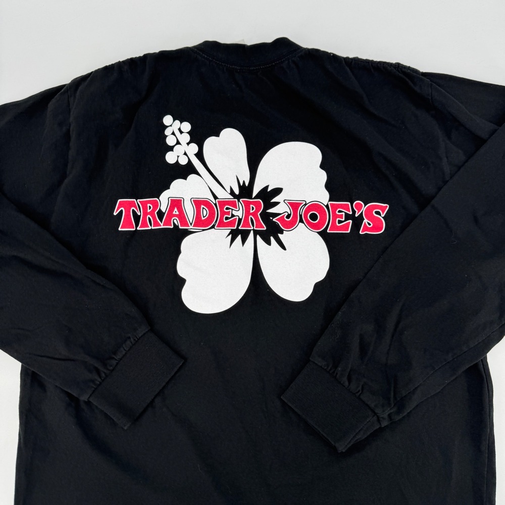 Trader Joes Hibiscus Floral Graphic Long Sleeve T-Shirt Black Mens Large